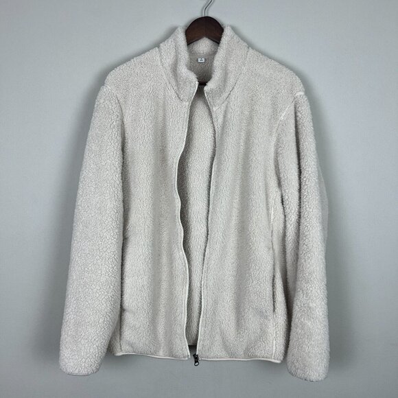 Uniqlo Fleece Sherpa Jacket Womens Medium Cream High Neck Full Zip Front Cozy M - Picture 9 of 13